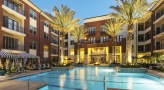 outdoor swimming pool lit at night