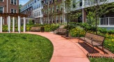 a courtyard with benches