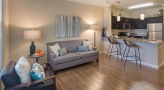 spacious living room next to kitchen