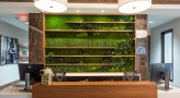 Large well lit lobby with a wall decorated with plants 