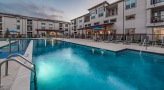 swimming pool lit at night