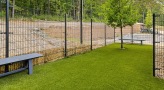 fenced-in dog park with benches next to forest