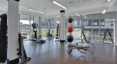 Large fitness center with large windows and plenty of equipment