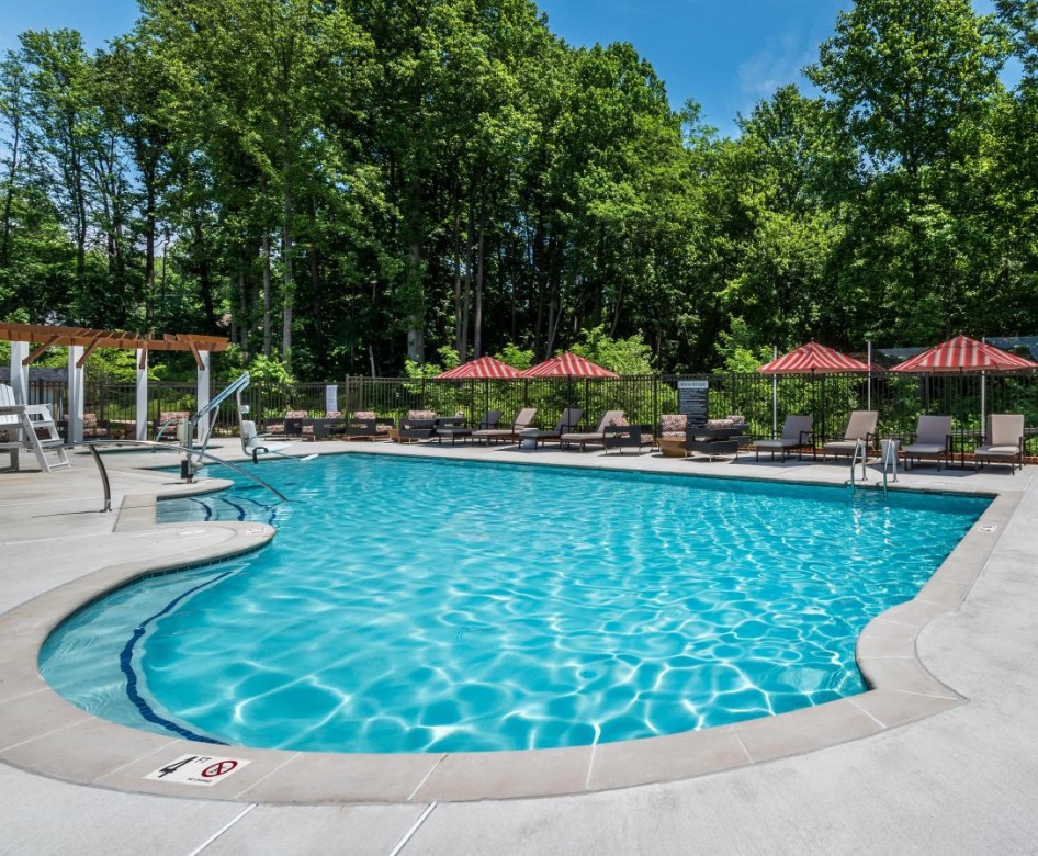 a pool with umbrellas and chairs around it