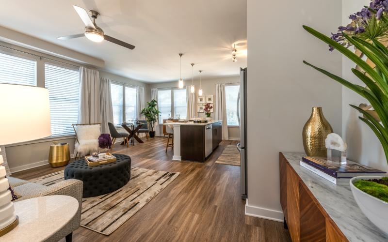 a living room with a wood floor