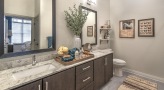 spacious bathroom with brown accents