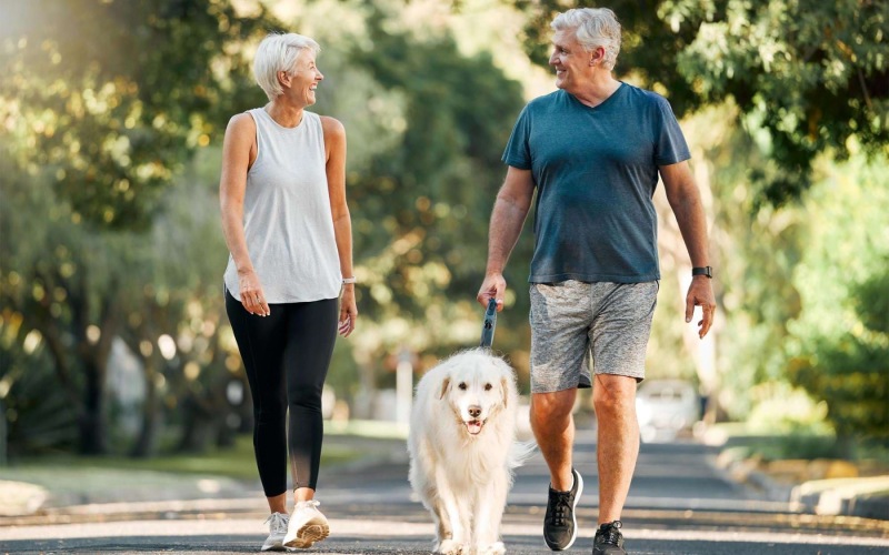 two people walking with a dog on a path