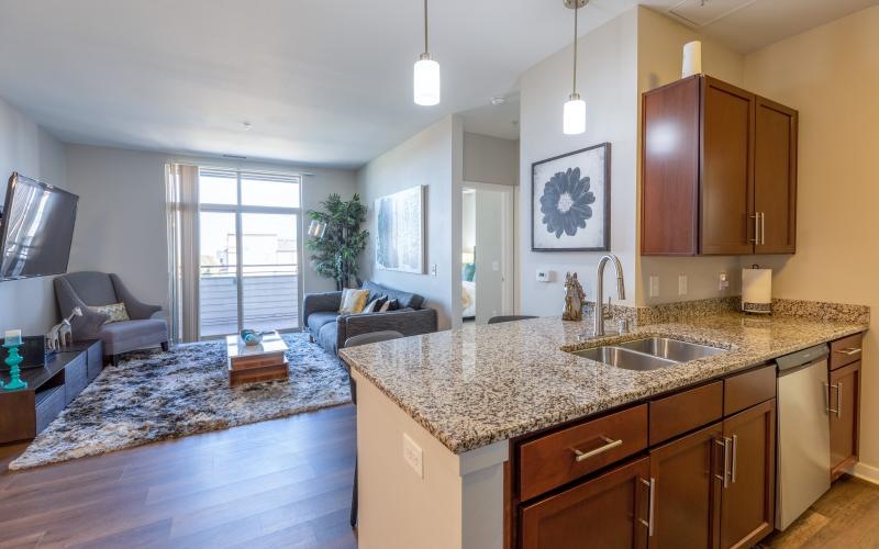 kitchen with serving counter open to the living room