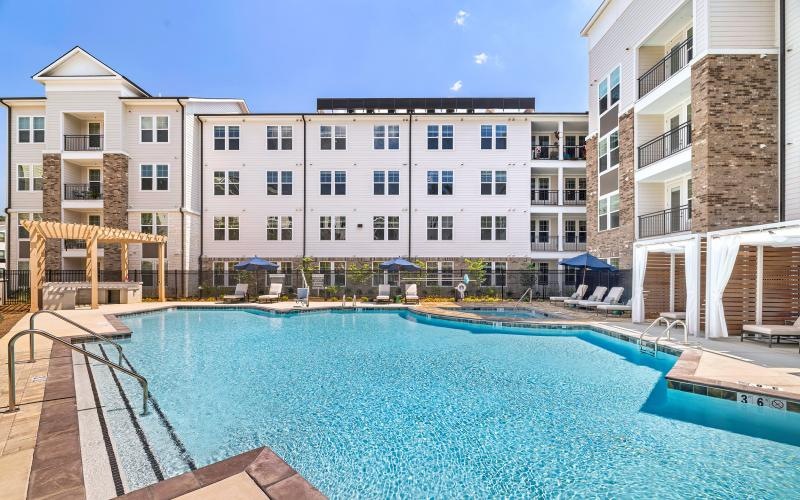 pool with cabanas