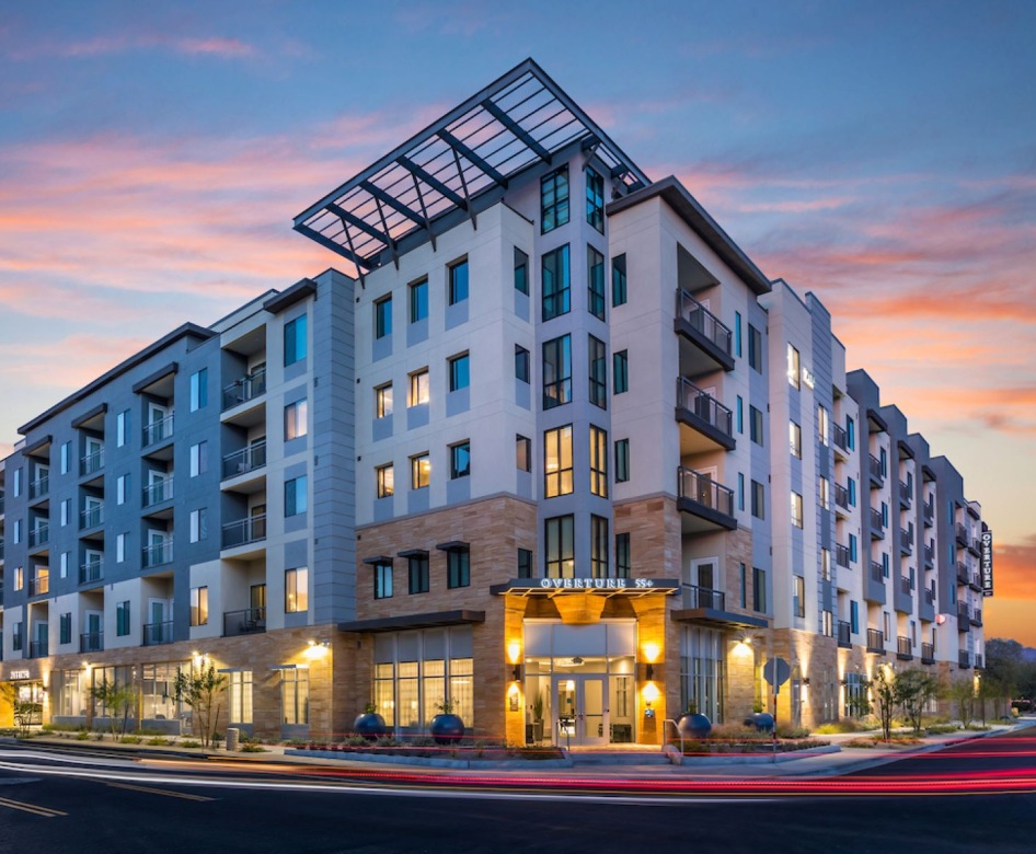 The exterior of Overture Kierland senior living apartments in Scottsdale, AZ, featuring a modern facade.