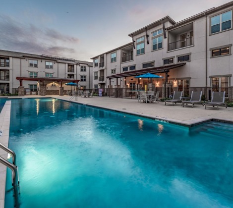 swimming pool lit at night
