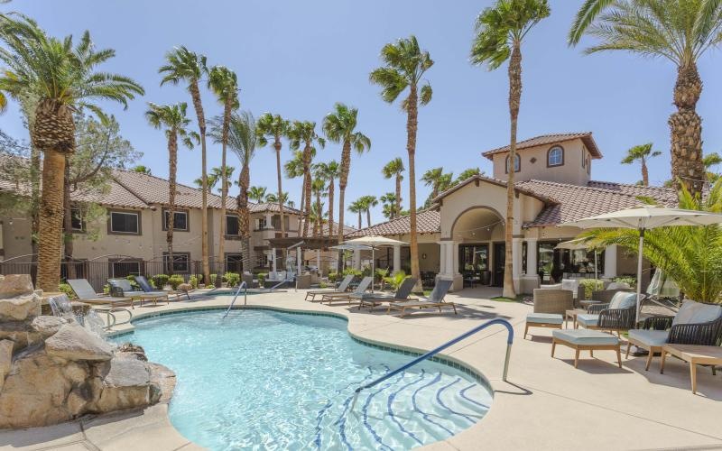 swimming pool with palm trees around it