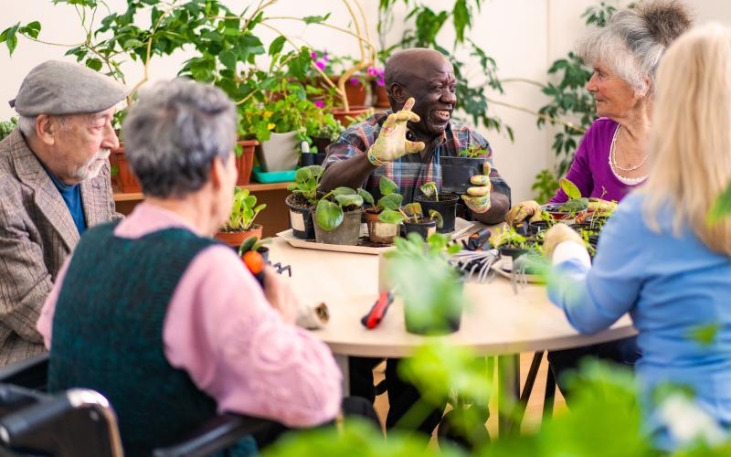 a group of people sitting around a table with plants