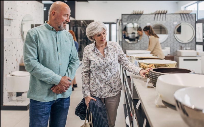 a man and woman shopping for dishes
