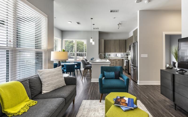 a living room with a couch and a table