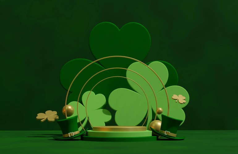 An Irish motif featuring a four-leaf clover and a leprechaun's hat.