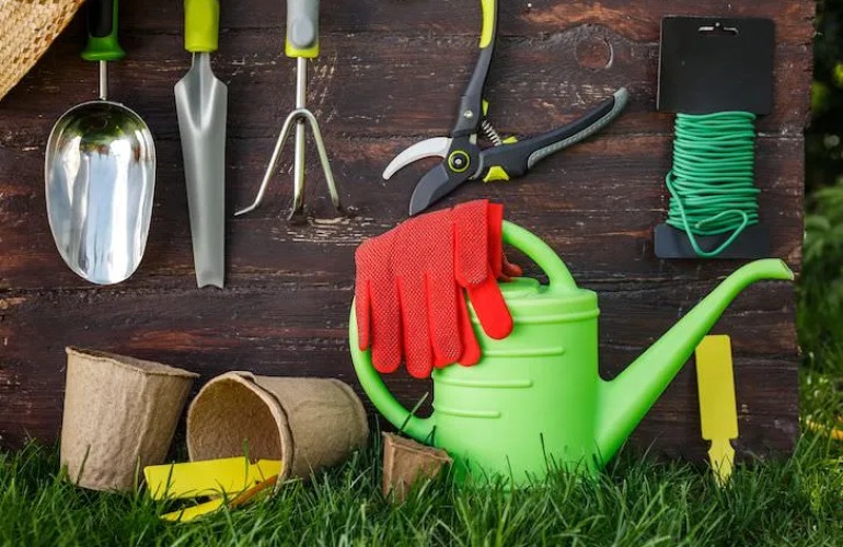 An image of gardening tools against a wooden backdrop.