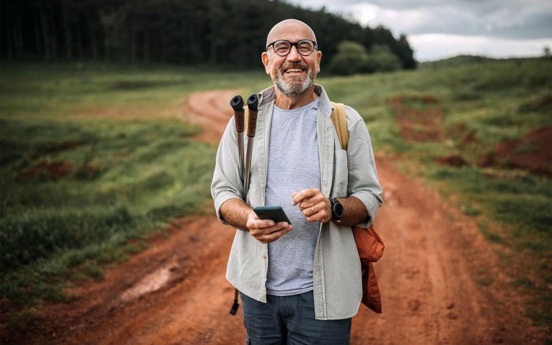 Close to the center of everything a man holding a phone and walking on a dirt path outdoors