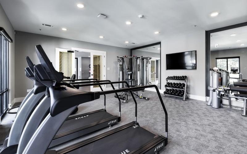 Fitness center with treadmills and free weights