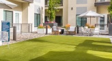 outdoor green area with tables featuring umbrellas