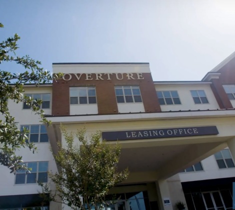 Exterior of Overture apartment building.