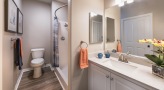 Large bathroom with tan accents 