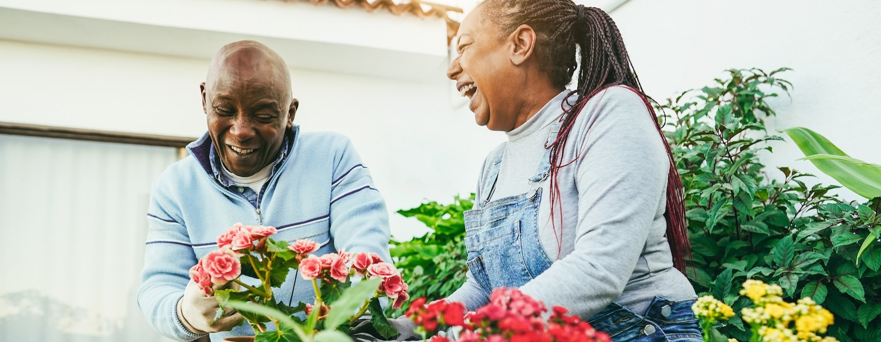 two people laughing surrounded by plants