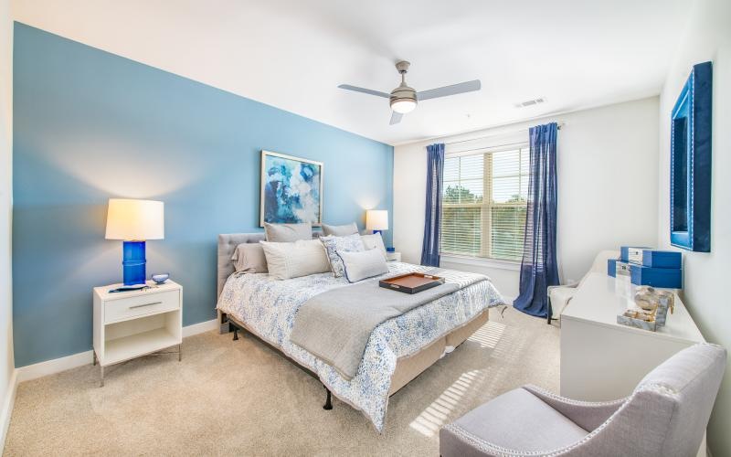 Large well lit bedroom with carpets and large windows 