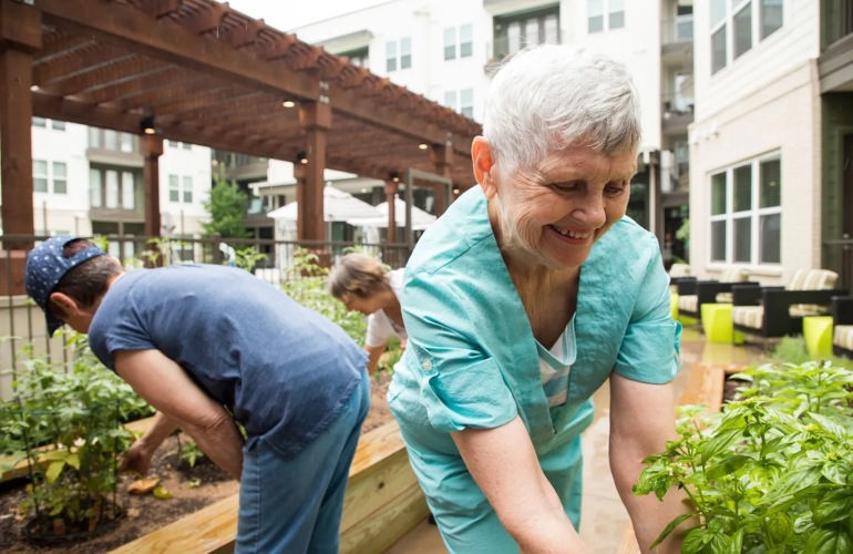 A group of senior adults gardening.