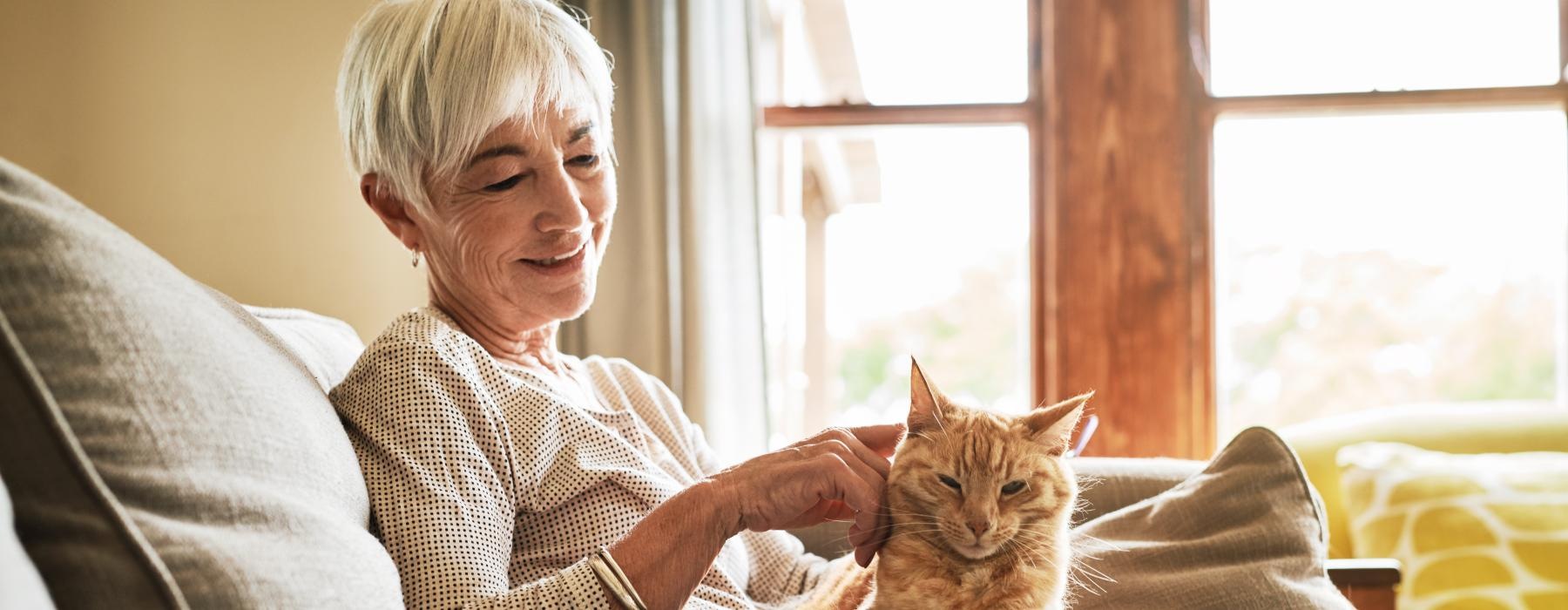 a woman sitting on a couch holding a cat